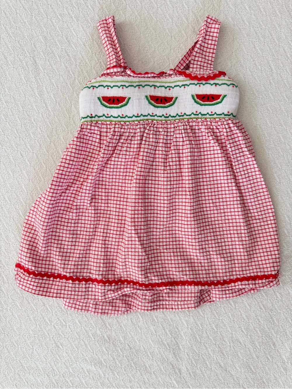 Classic Whimsy Red & White Check Tieback Tunic with Watermelon Smocking